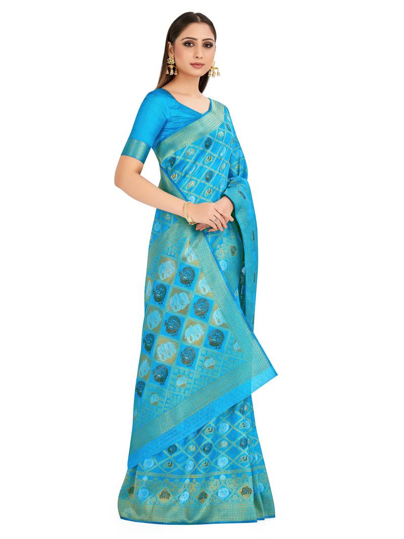 Turquoise Woven Art Silk Saree With Blouse