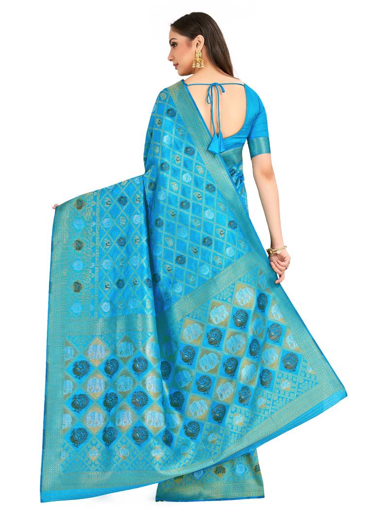 Turquoise Woven Art Silk Saree With Blouse