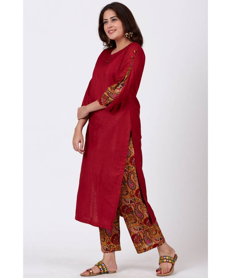 Maroon Silk Kurti with Mustard Paisley Printed Palazzo