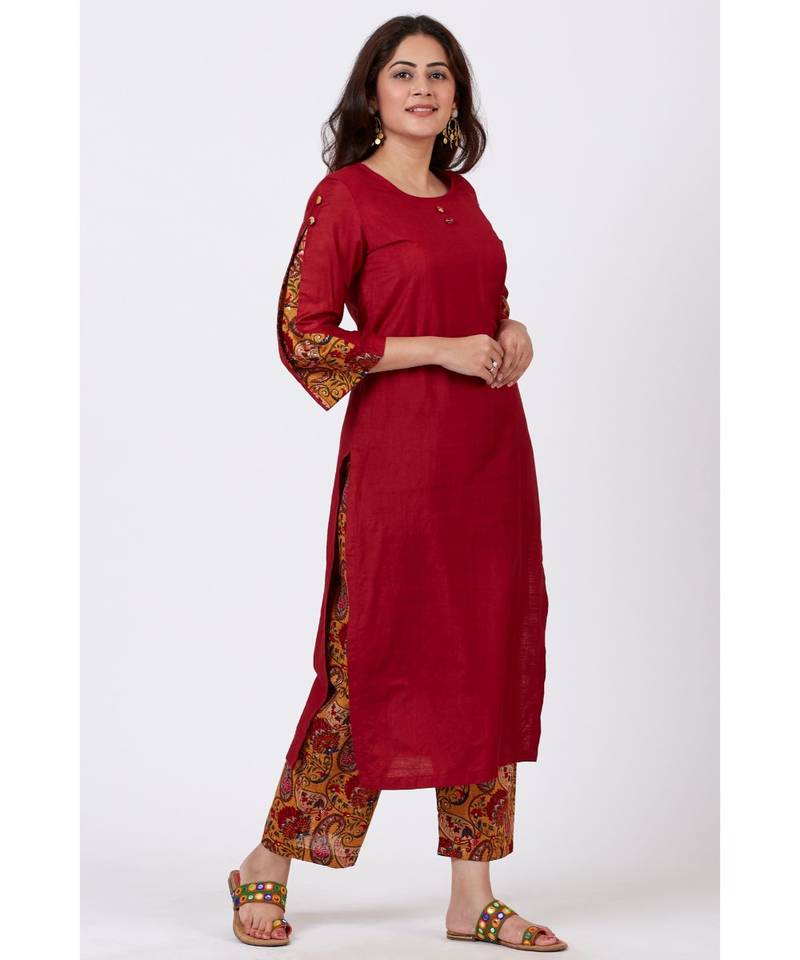 Maroon Silk Kurti with Mustard Paisley Printed Palazzo