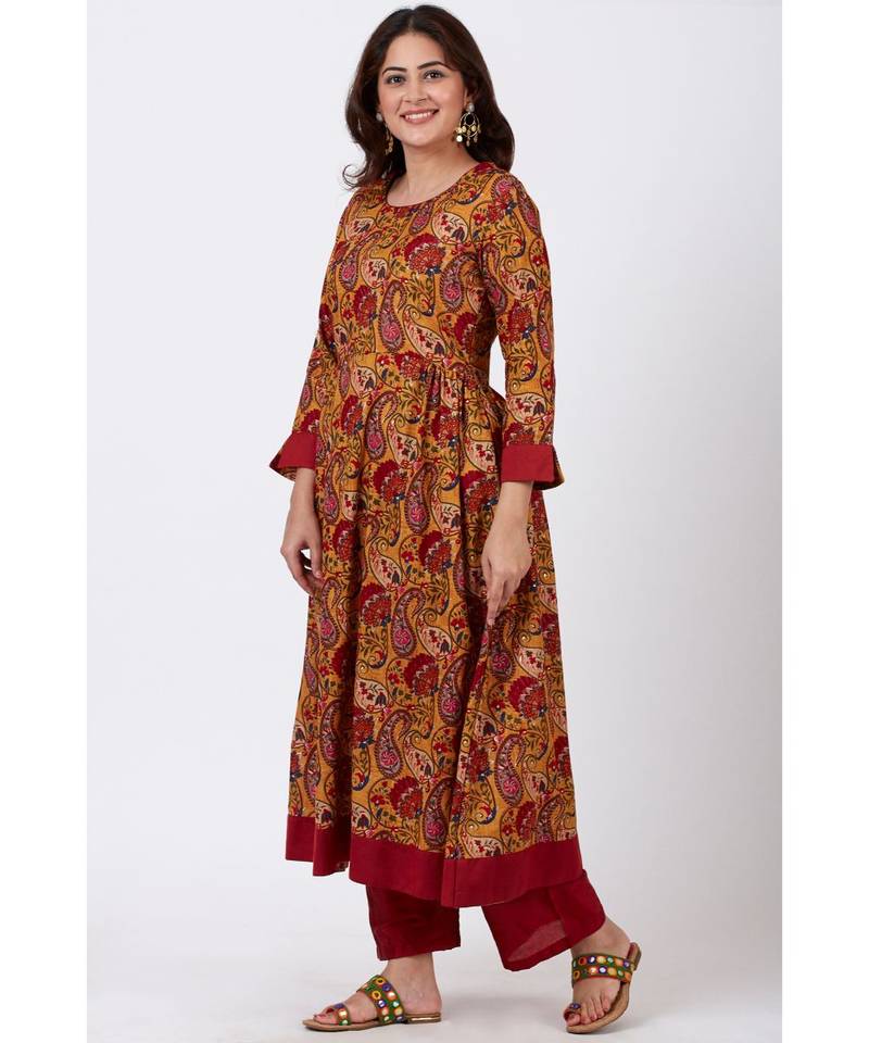 Mustard Paisley Printed Kurti with Straight Oxy Red Palazzo