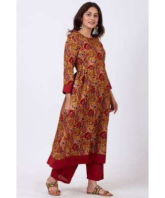 Mustard Paisley Printed Kurti with Straight Oxy Red Palazzo 3