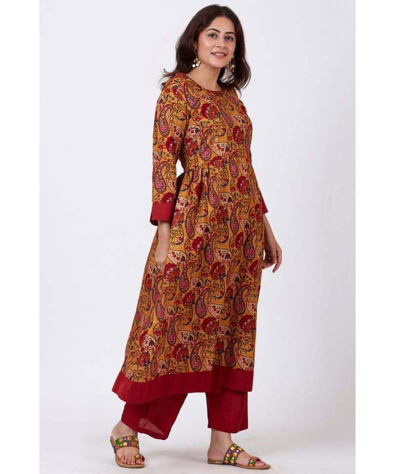 Mustard Paisley Printed Kurti with Straight Oxy Red Palazzo