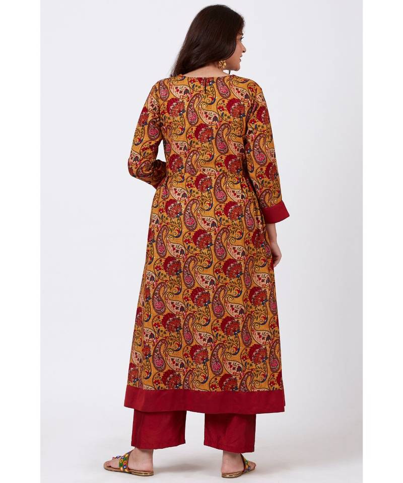 Mustard Paisley Printed Kurti with Straight Oxy Red Palazzo