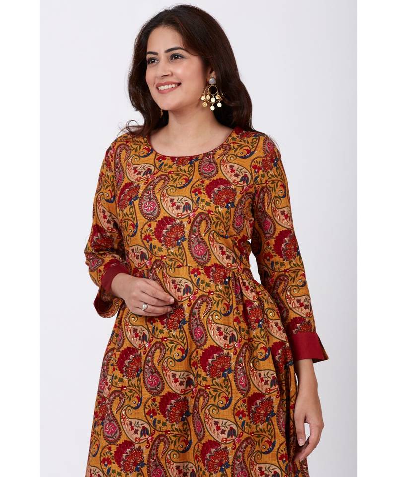 Mustard Paisley Printed Kurti with Straight Oxy Red Palazzo