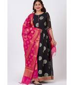 Black Jewel Foil Printed Floorlength Kurti with Pink Banarsi Dupatta