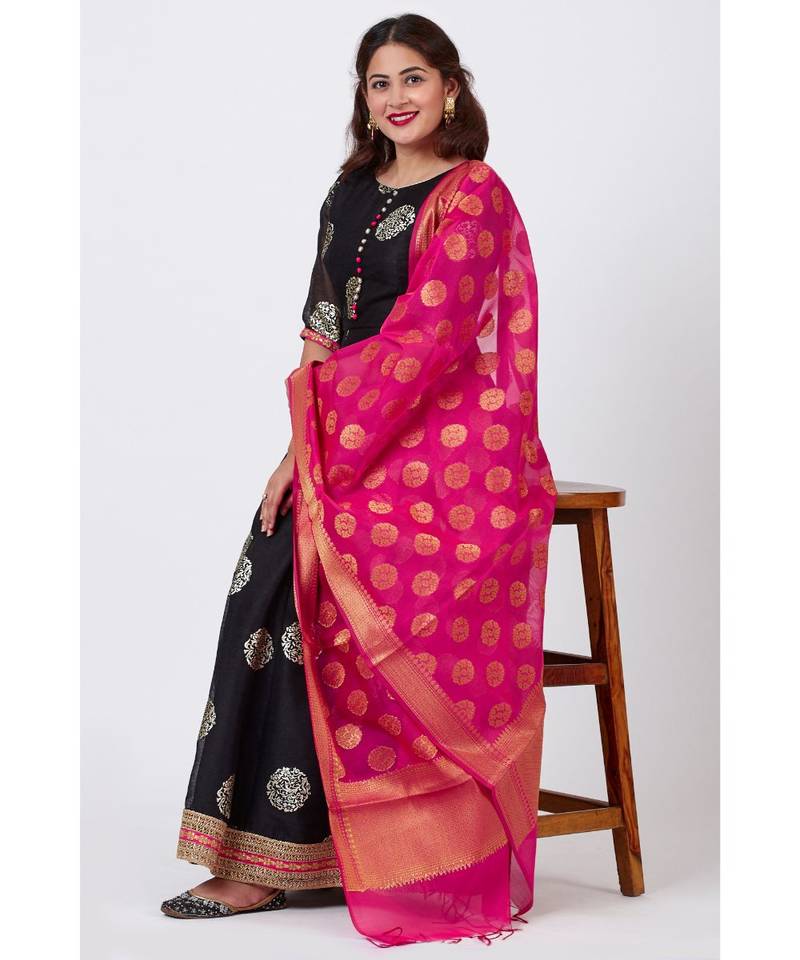 Black Jewel Foil Printed Floorlength Kurti with Pink Banarsi Dupatta