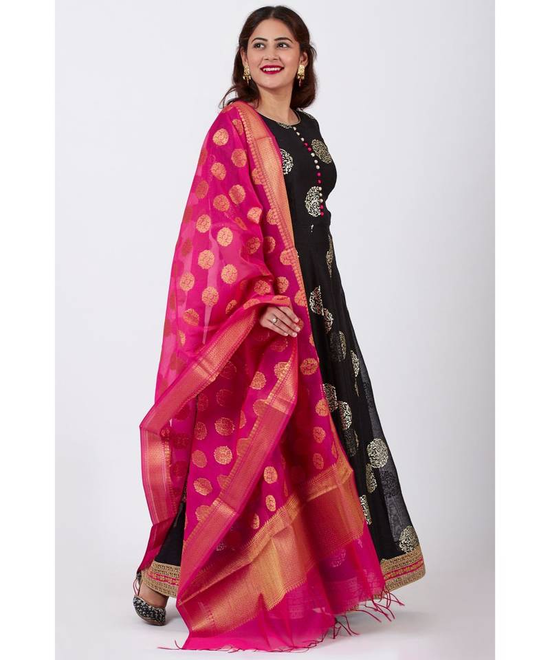 Black Jewel Foil Printed Floorlength Kurti with Pink Banarsi Dupatta