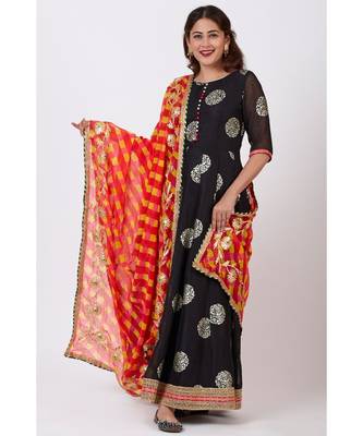 Black Jewel Foil Printed Floorlength Kurti and Pink Red Yellow Mothra Gotta work Dupatta 1