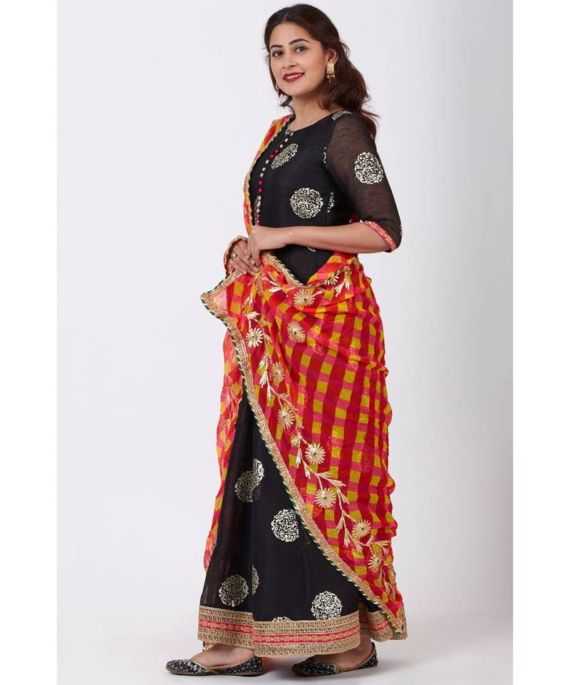 Black Jewel Foil Printed Floorlength Kurti and Pink Red Yellow Mothra Gotta work Dupatta
