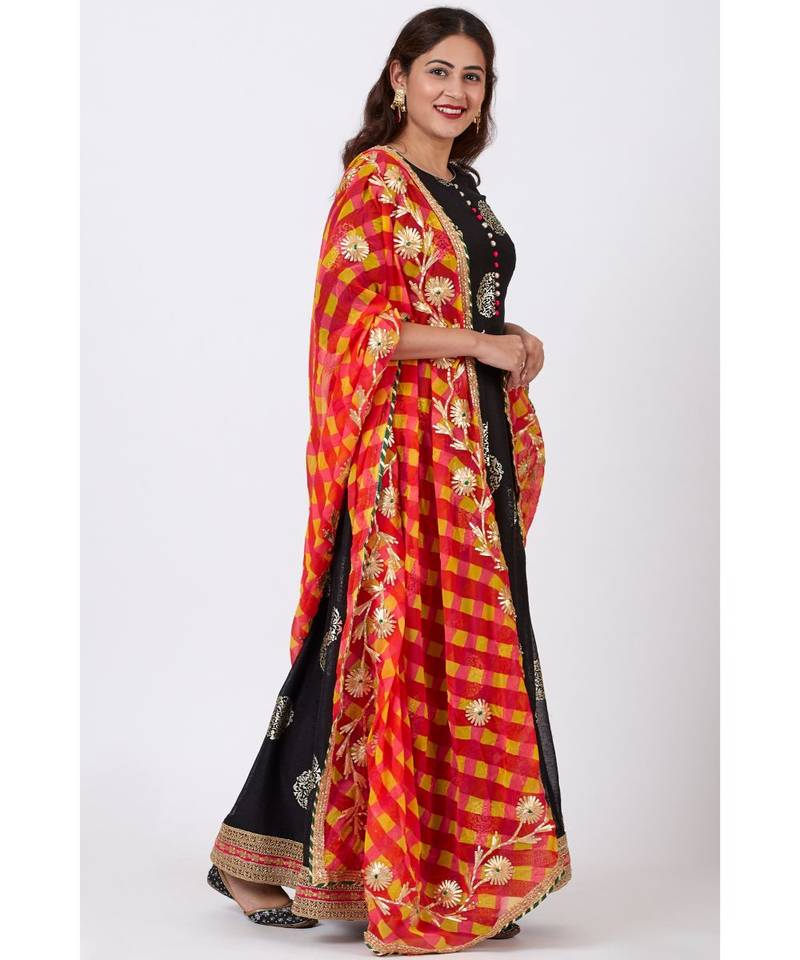 Black Jewel Foil Printed Floorlength Kurti and Pink Red Yellow Mothra Gotta work Dupatta