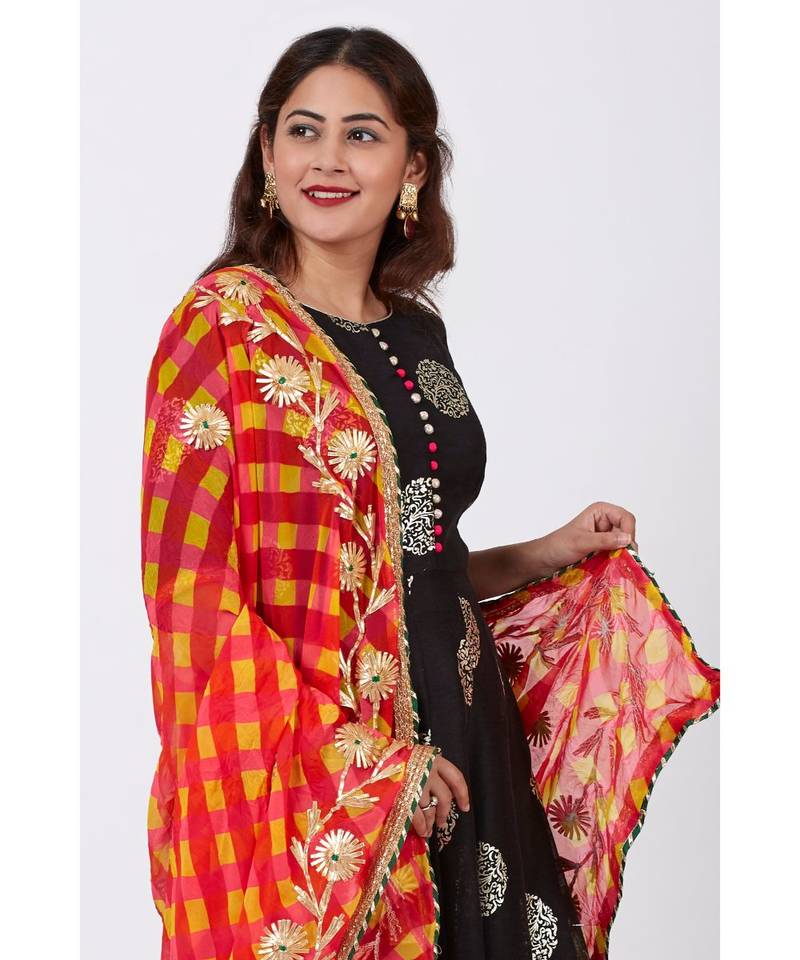 Black Jewel Foil Printed Floorlength Kurti and Pink Red Yellow Mothra Gotta work Dupatta