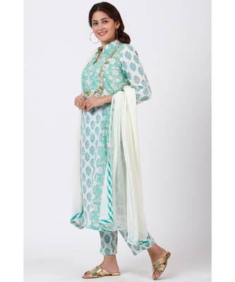 Mint Blue Block Printed Straight Kurti with Straight Palazzo and Off-White Chiffon Dupatta 1