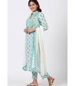 Mint Blue Block Printed Straight Kurti with Straight Palazzo and Off-White Chiffon Dupatta