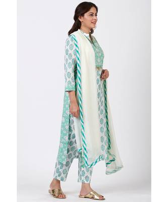 Mint Blue Block Printed Straight Kurti with Straight Palazzo and Off-White Chiffon Dupatta 2
