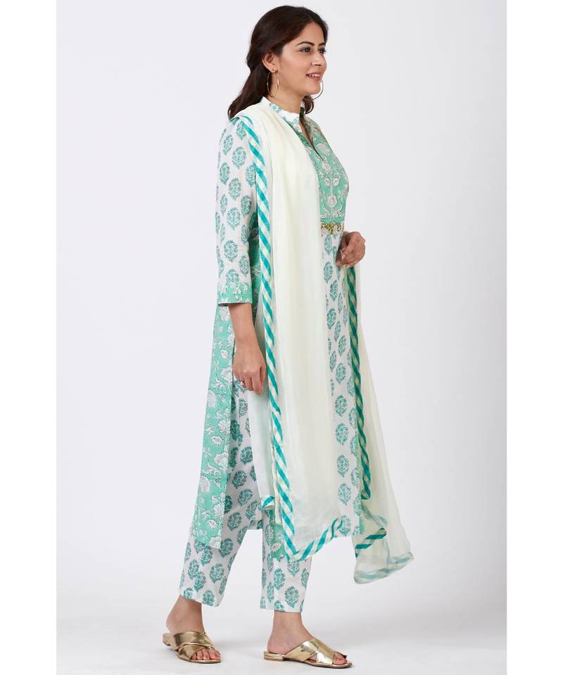 Mint Blue Block Printed Straight Kurti with Straight Palazzo and Off-White Chiffon Dupatta