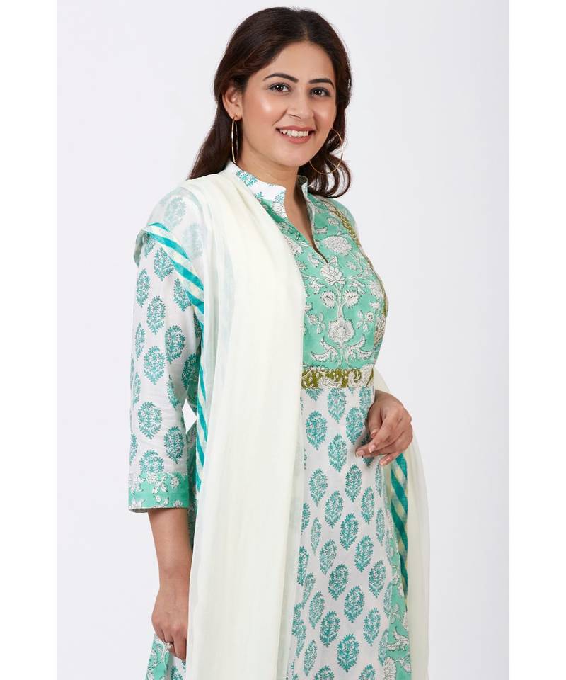 Mint Blue Block Printed Straight Kurti with Straight Palazzo and Off-White Chiffon Dupatta