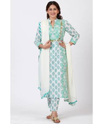 Mint Blue Block Printed Straight Kurti with Straight Palazzo and Off-White Chiffon Dupatta 4