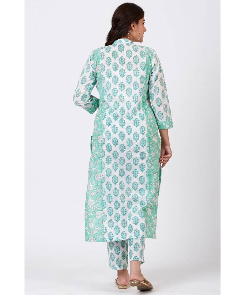 Mint Blue Block Printed Straight Kurti with Straight Palazzo and Off-White Chiffon Dupatta
