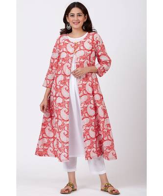 Red Paisley Printed A-line Side Gathered Kurti with Straight White Pants 1