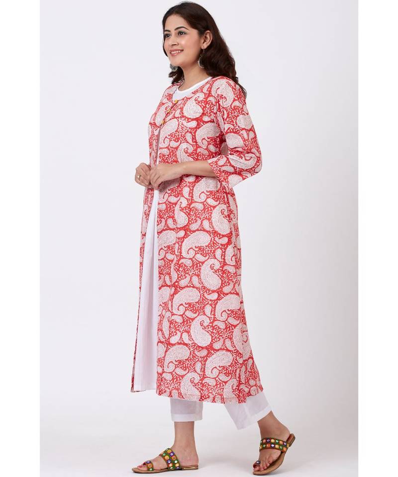 Red Paisley Printed A-line Side Gathered Kurti with Straight White Pants