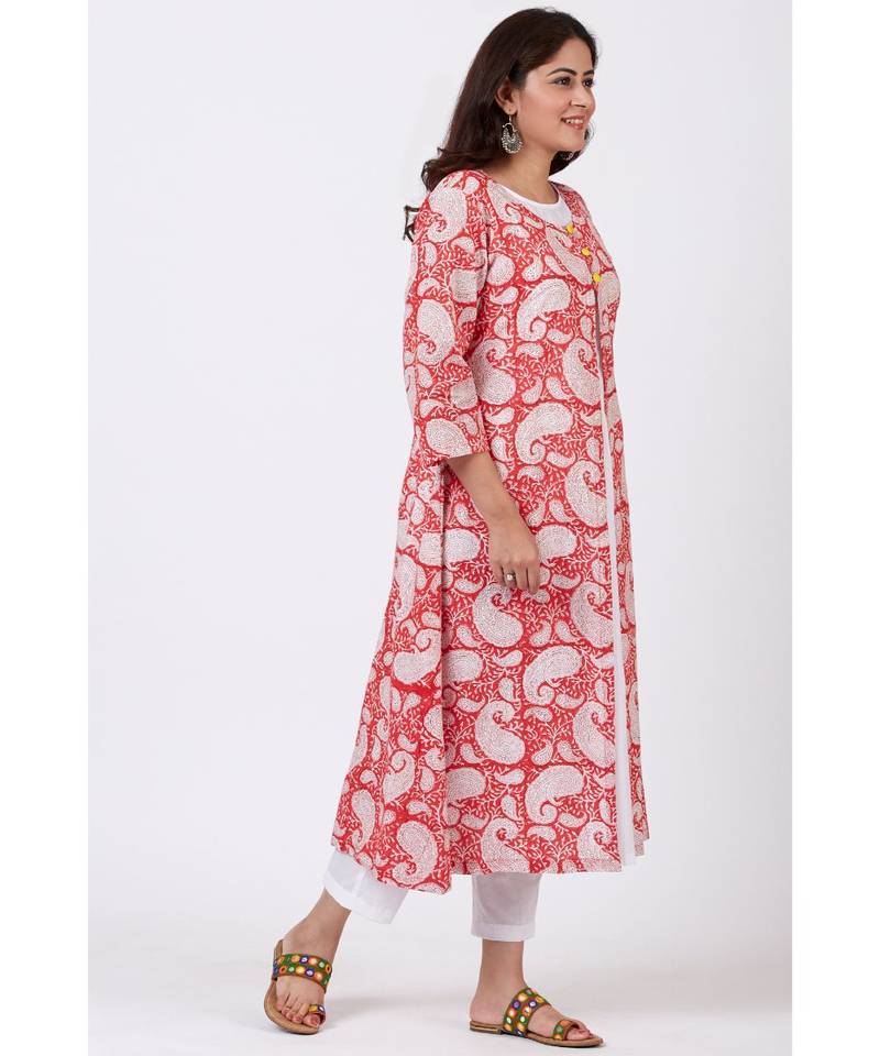 Red Paisley Printed A-line Side Gathered Kurti with Straight White Pants