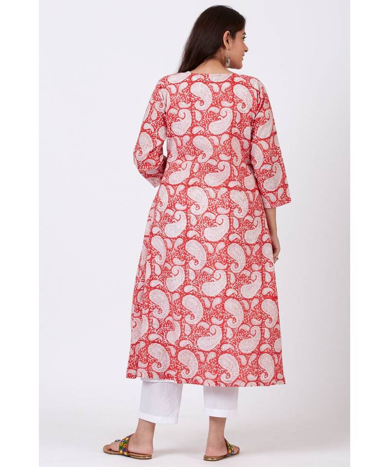 Red Paisley Printed A-line Side Gathered Kurti with Straight White Pants