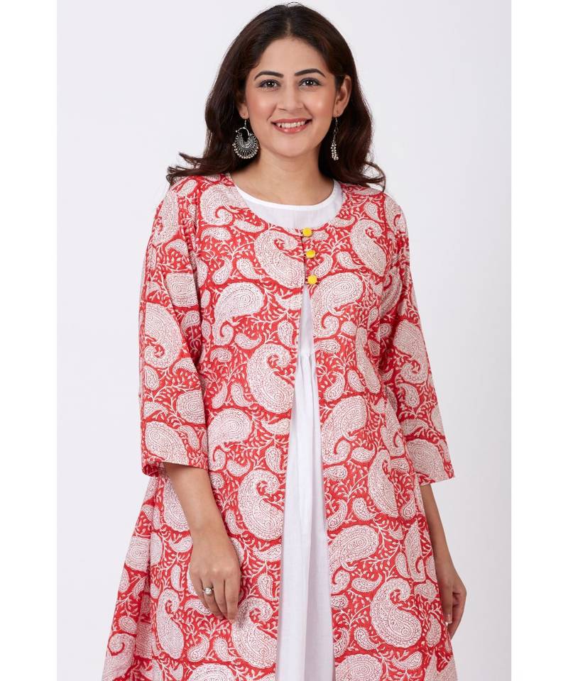 Red Paisley Printed A-line Side Gathered Kurti with Straight White Pants