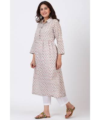 Ivory Printed Flared Cotton Kurti with Gathers and Straight White Pants 1