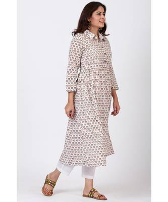 Ivory Printed Flared Cotton Kurti with Gathers and Straight White Pants 2