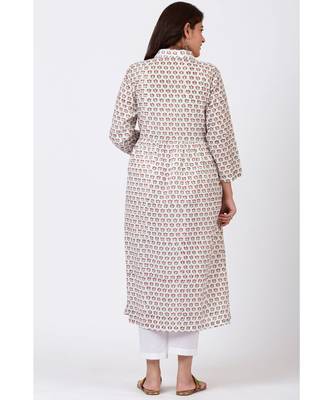 Ivory Printed Flared Cotton Kurti with Gathers and Straight White Pants 3