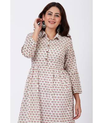 Ivory Printed Flared Cotton Kurti with Gathers and Straight White Pants 4