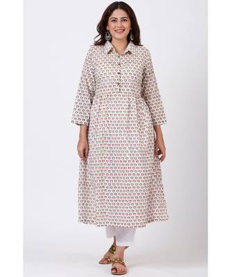 Ivory Printed Flared Cotton Kurti with Gathers and Straight White Pants 5