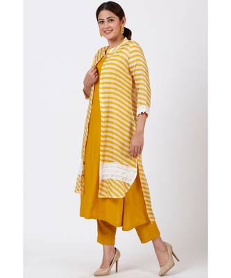 Mustard Yellow A-Line Kurti with Crochet Jacket and Straight Pants 1