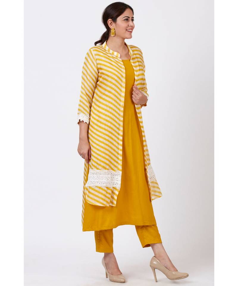 Mustard Yellow A-Line Kurti with Crochet Jacket and Straight Pants