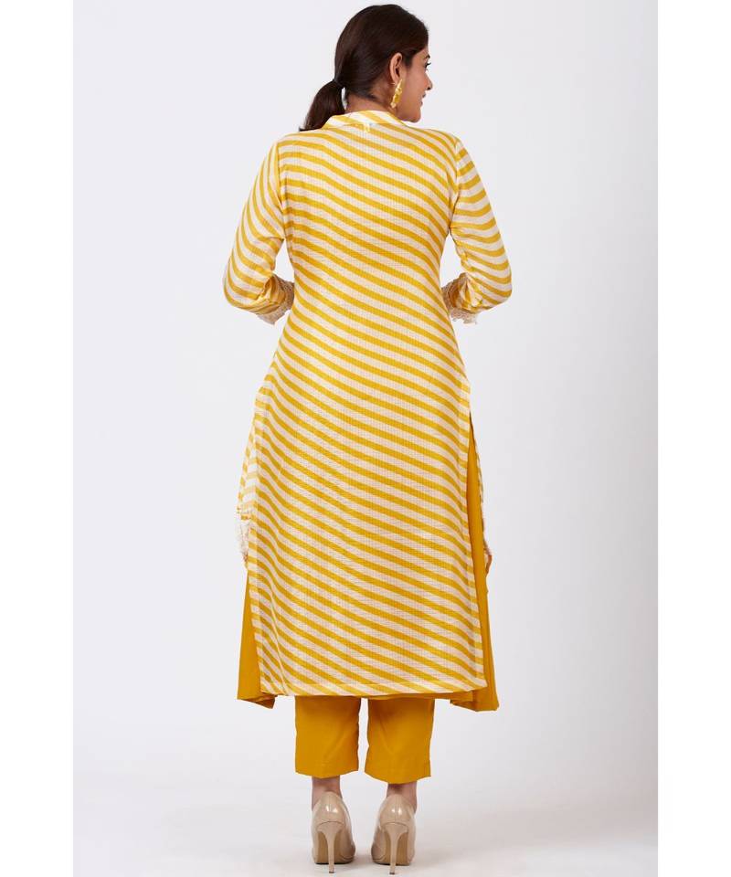 Mustard Yellow A-Line Kurti with Crochet Jacket and Straight Pants