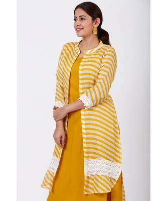 Mustard Yellow A-Line Kurti with Crochet Jacket and Straight Pants 4