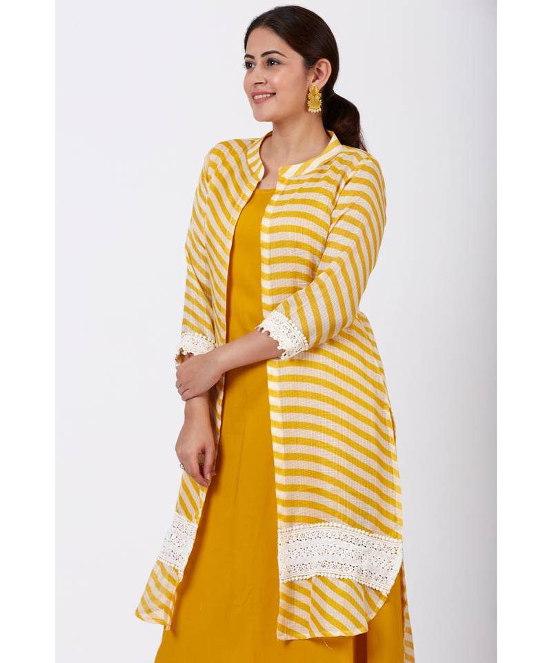 Mustard Yellow A-Line Kurti with Crochet Jacket and Straight Pants