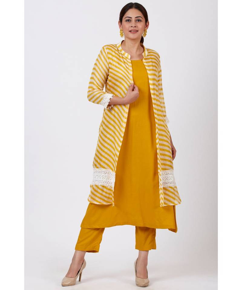 Mustard Yellow A-Line Kurti with Crochet Jacket and Straight Pants