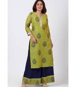 Mehendi Green Block Printed A-Line Kurti with Flared Palazzo