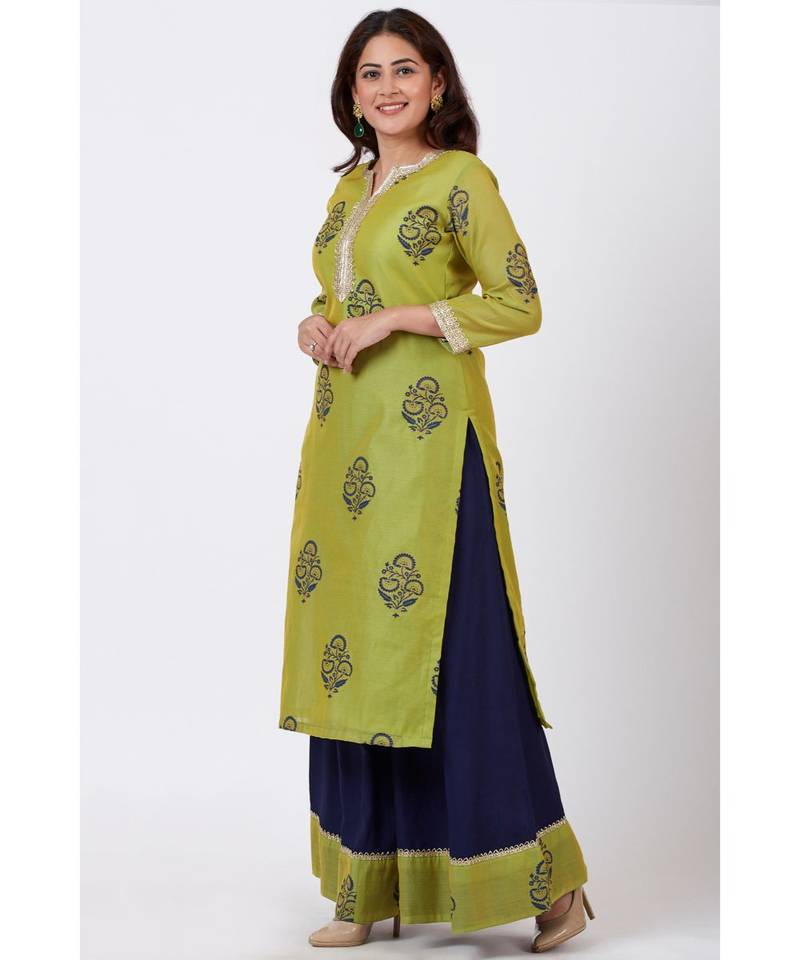 Mehendi Green Block Printed A-Line Kurti with Flared Palazzo