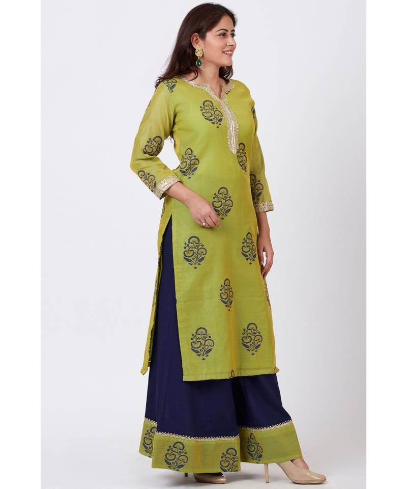 Mehendi Green Block Printed A-Line Kurti with Flared Palazzo