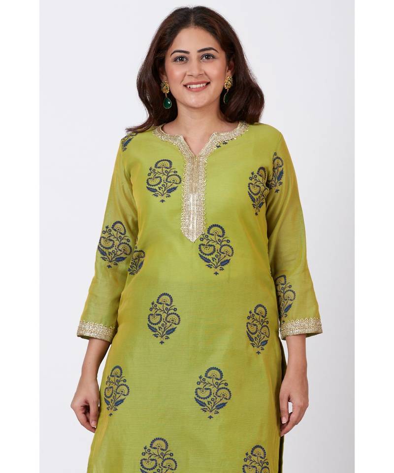 Mehendi Green Block Printed A-Line Kurti with Flared Palazzo