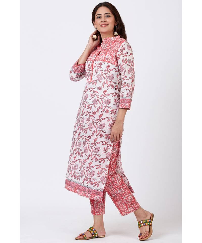 Blush Pink Floral Printed Kurti with Straight Pants