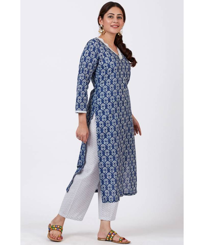 Stain Blue Printed Kurti with Printed Pants