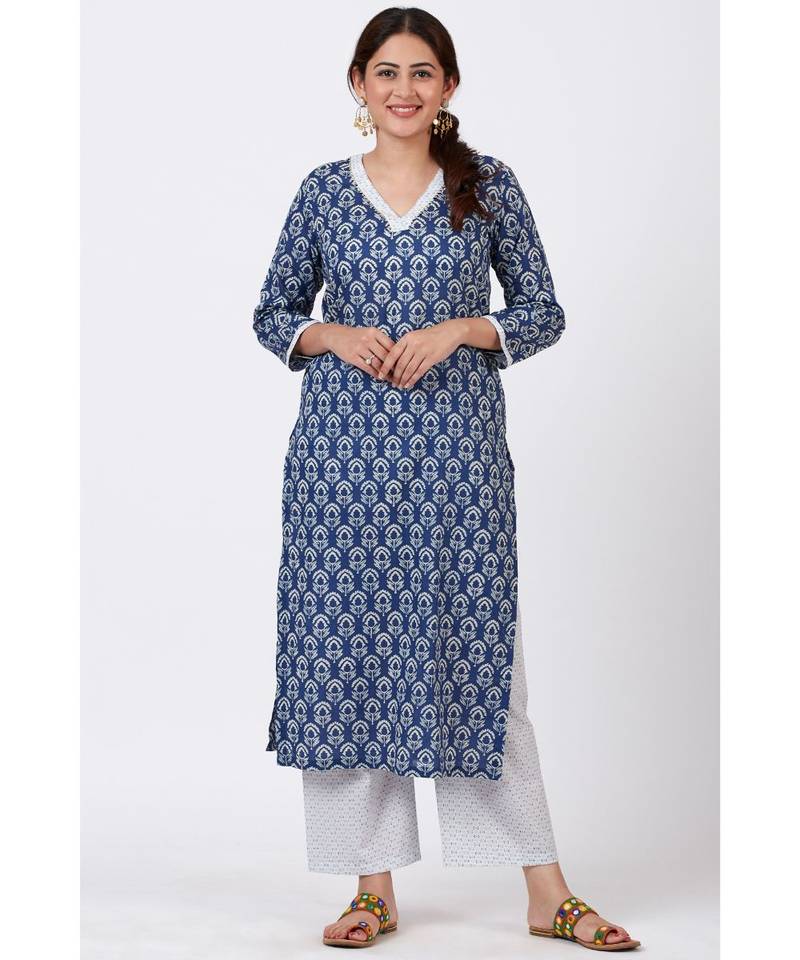 Stain Blue Printed Kurti with Printed Pants