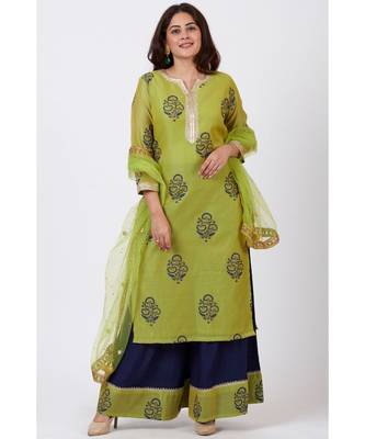 Mehendi Green Block Printed Straight Kurti with Flared Palazzo and Net Mirror worked Dupatta 1