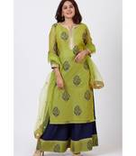 Mehendi Green Block Printed Straight Kurti with Flared Palazzo and Net Mirror worked Dupatta