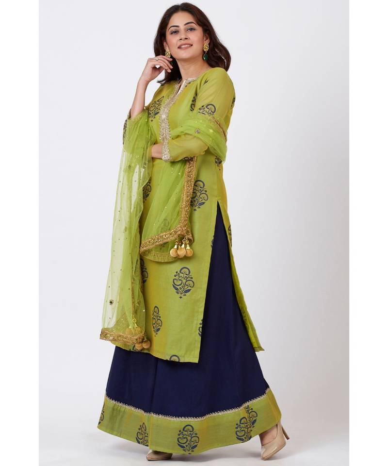 Mehendi Green Block Printed Straight Kurti with Flared Palazzo and Net Mirror worked Dupatta