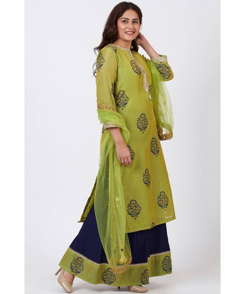 Mehendi Green Block Printed Straight Kurti with Flared Palazzo and Net Mirror worked Dupatta
